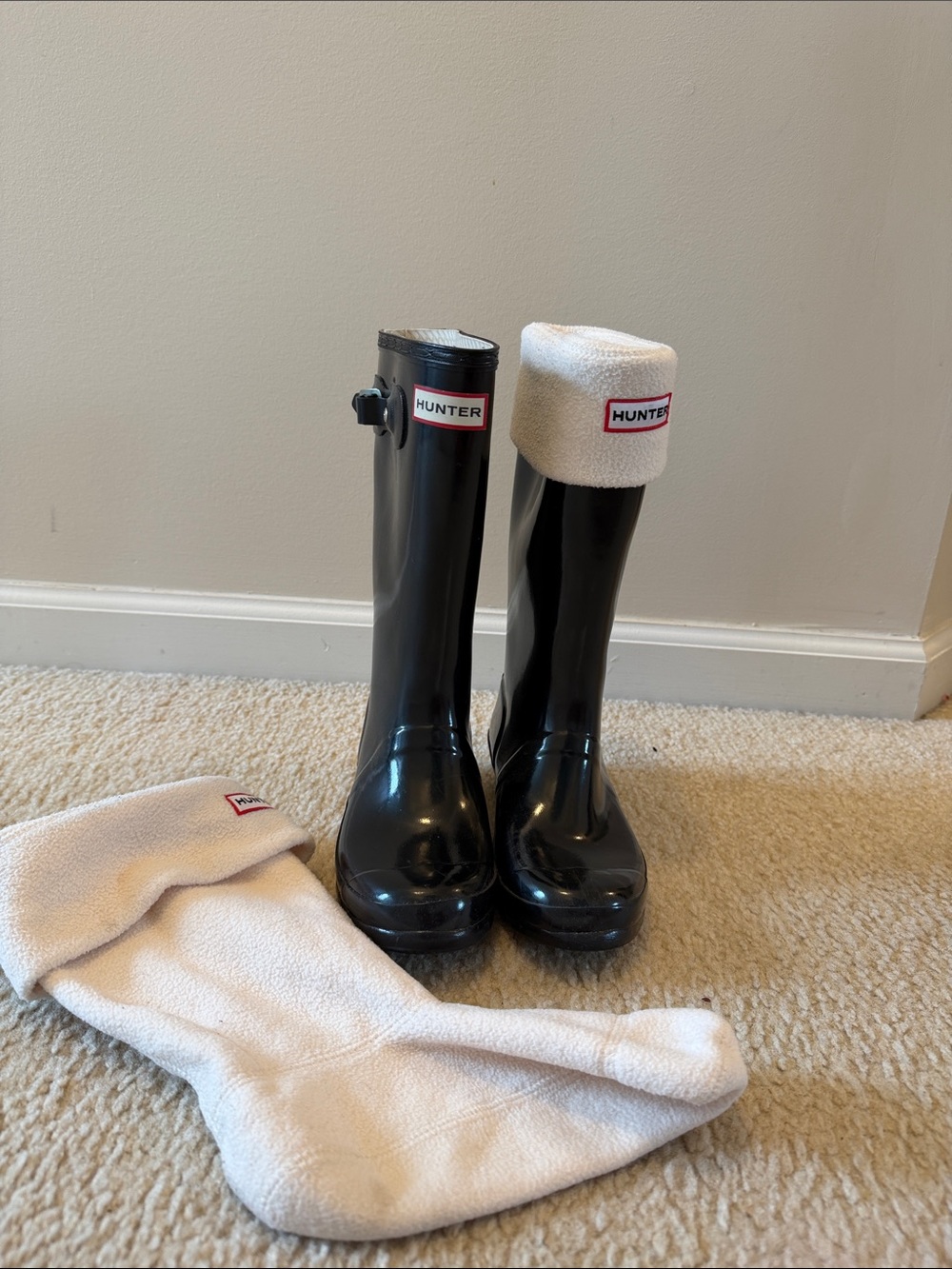 Girls Hunter Black Rain Boots with White Fleece Boot Socks worn 3x